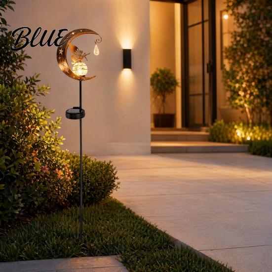 Outdoor Hummingbird Decor Moon Solar Light Metal Crescent with Crackle Glass Ball Garden Landscape Lighting Stake Pathway Light for Yard Patio Lawn
