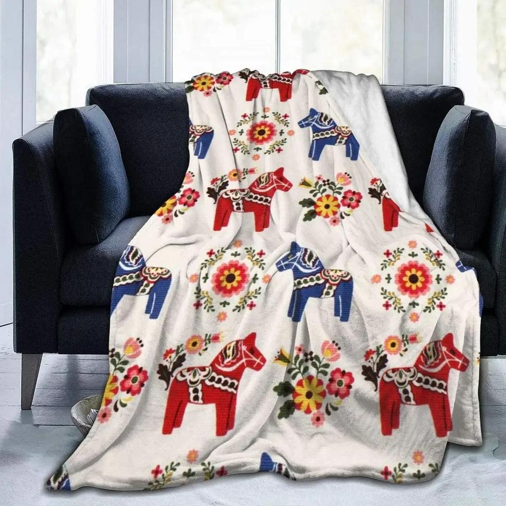 Flannel Fleece Throw Blanket for Couch, Floral Swedish Dala Horses Lightweight Plush Fuzzy Cozy Soft Blankets Throws Bed Sofa