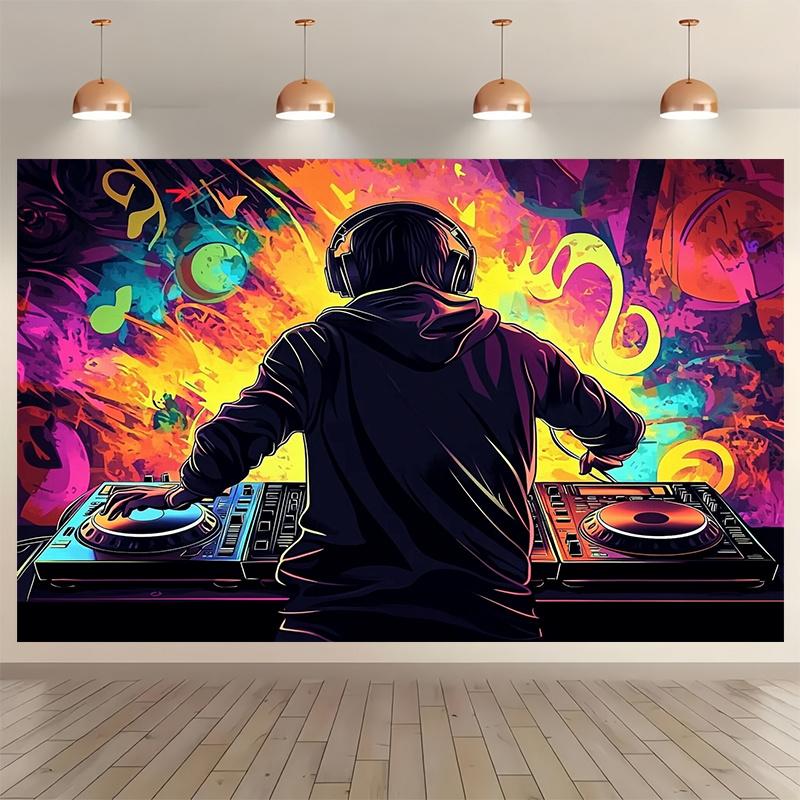 Polyesterový párty banner a fotografické pozadí s motivem cool DJ sluchátek pro hudební akce 80. a 90. let