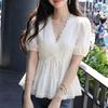 ZANZEA Women Elegant Lace Splice V-Neck Casual Short Sleeve Blouse