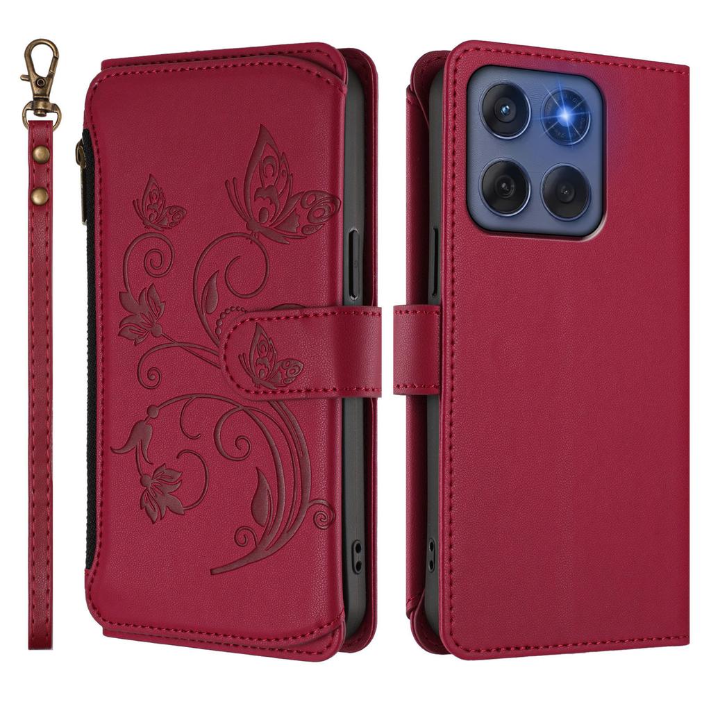 For Motorola Edge 60 5G/Motorola Edge (2025) 5G Leather Case Butterfly Floral Imprint Zipper Wallet Stand Cover with Wrist Strap