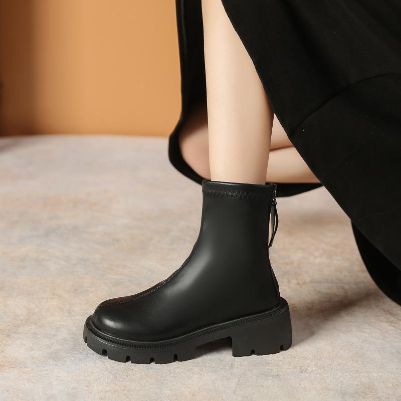 thick-soled Martin boots women's new spring and autumn single boots rear zipper round head thick heel thin short boots