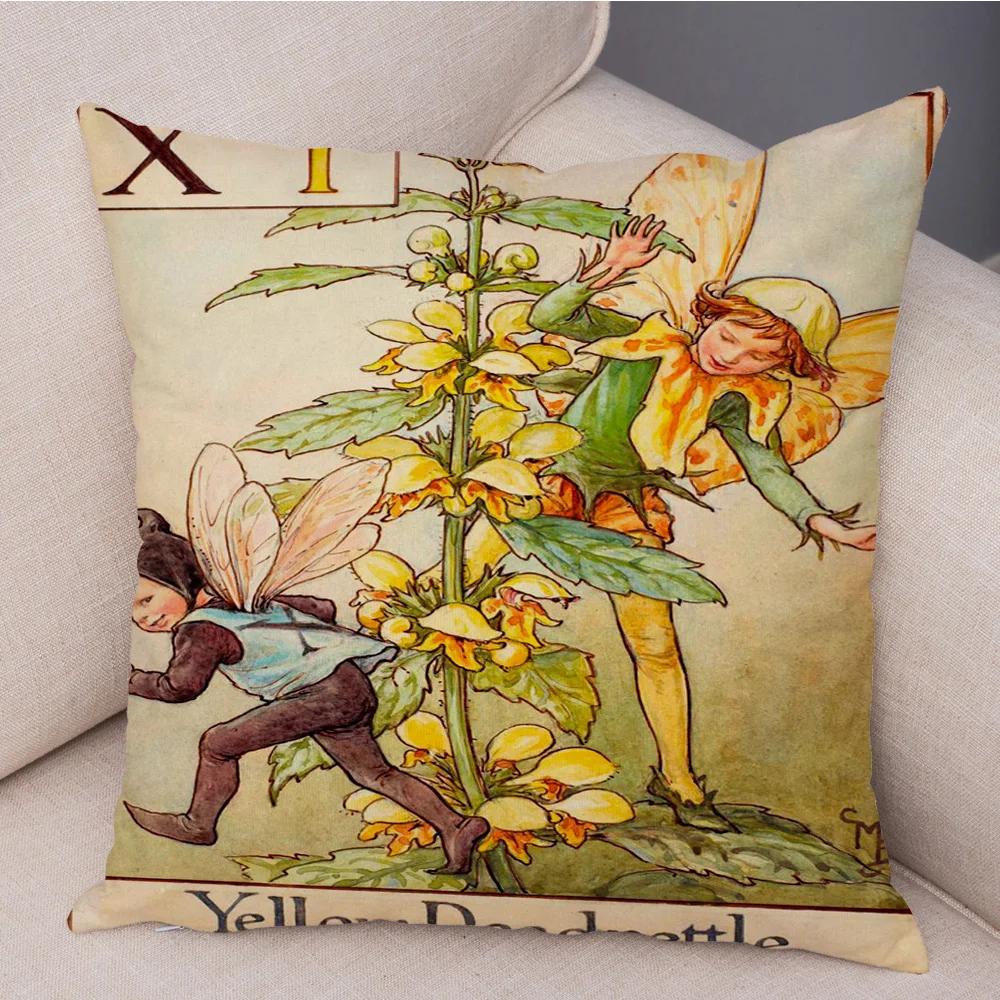 Vintage Floral Girl Pillowcase Decor Cute Cartoon Flower Elf Fairy Tale for Sofa Home Pillow Case Soft Plush Cushion Cover