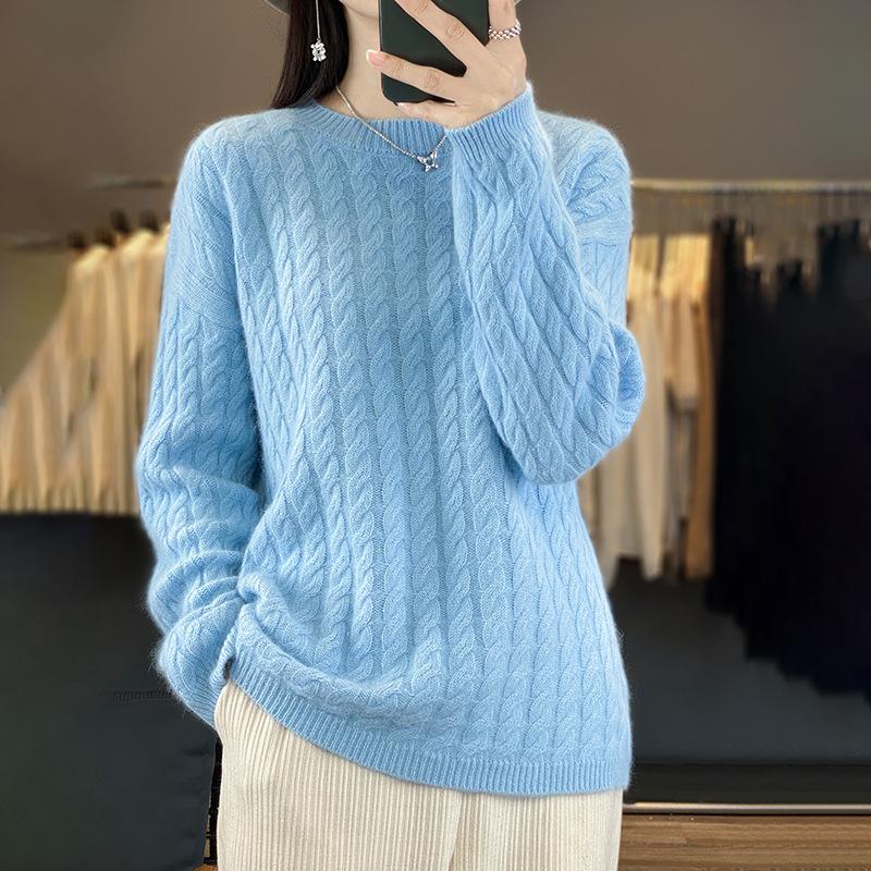 Round Neck 100% Pure Cardigan for Women's Autumn and Winter Solid Color Twist Sweater Loose and Versatile Warm Cashmere Base Shirt