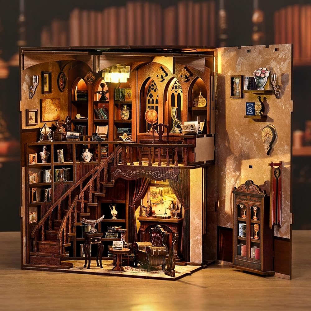 CRESYMME Miniature Dollhouse Book Nook Kit Wooden DIY Craft 3D Model