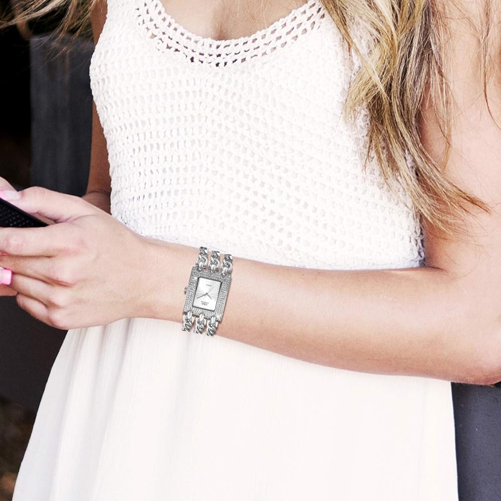 "Japanese Quartz Women's Hip Hop Square Watch with Diamond, Waterproof, Chain Band, Analog Display, Gold and Silver Fashion Accessory"