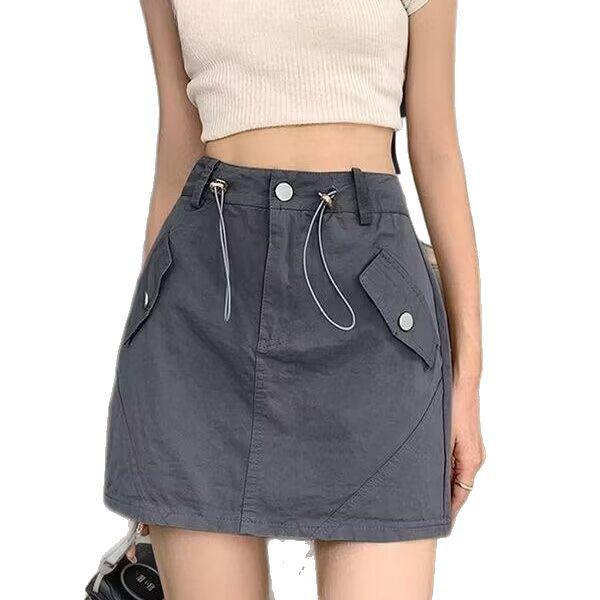 Women's High Waist Gray Workwear Mini Skirt with Drawstring Design