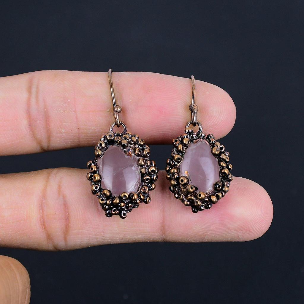 Rose Quartz Copper Electroformed Earrings, Handmade Gemstone Earrings Jewelry, Gifts For Wife Brand New Earrings