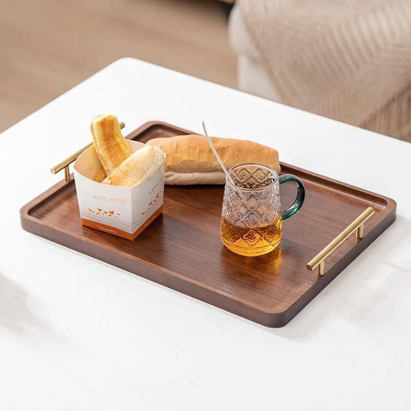 Vintage Nanmu Bamboo Tea Tray with Dual Metal Handles Kosher Je New Year & Festival Serving Platter for Cups/Cakes