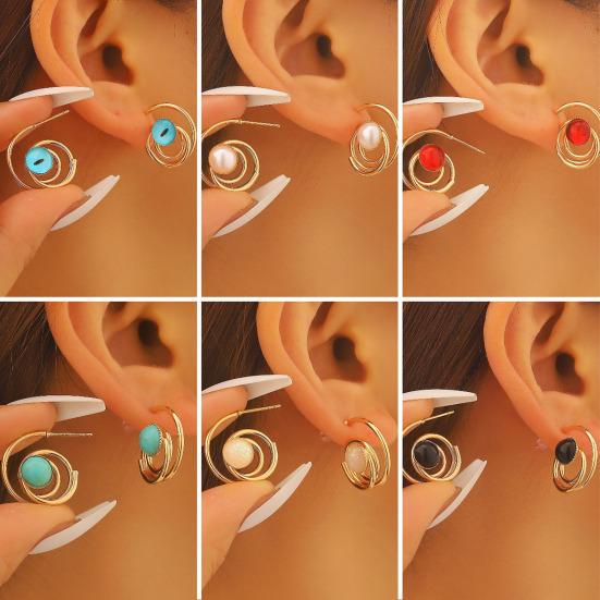 1 Pair Women Earrings Hollow Spiral Design Multi-Color Faux Gemstones Inlaid Electroplated Earrings Jewelry Accessories