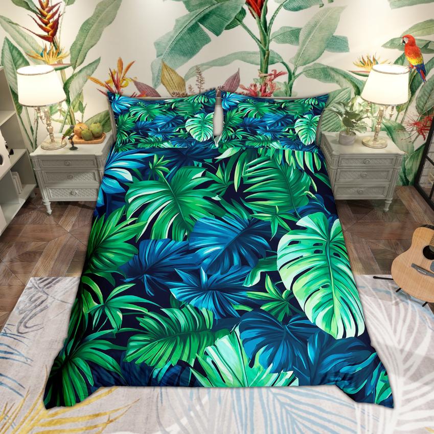 Homewish Green Palm Tree Duvet Cover Set Tropical Leaves Bedding Set Botanical Plant Quilt Cover Set