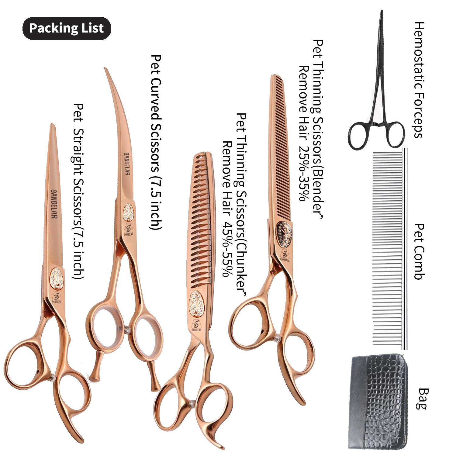 

Набор ножниц для груминга домашних животных высшего качества Sangelar 7,5 дюймов, прямые ножницы, изогнутые ножницы, удаляют шерсть 20%-35% и 40%-45%, инструменты для груминга собак 7.5 inch ярко-розовый/золотой