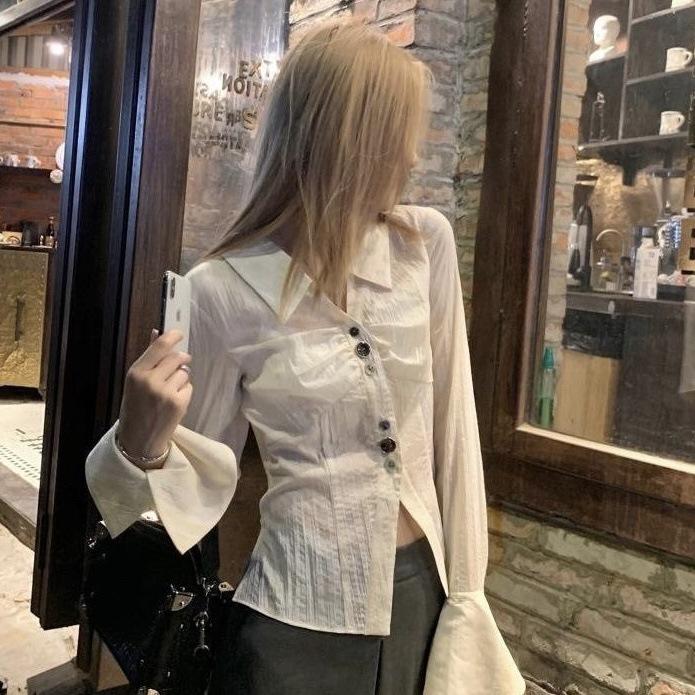 A chic and beautiful little shirt for women, spring/autumn French design, niche and gentle style, short long-sleeve tie-up shirt top