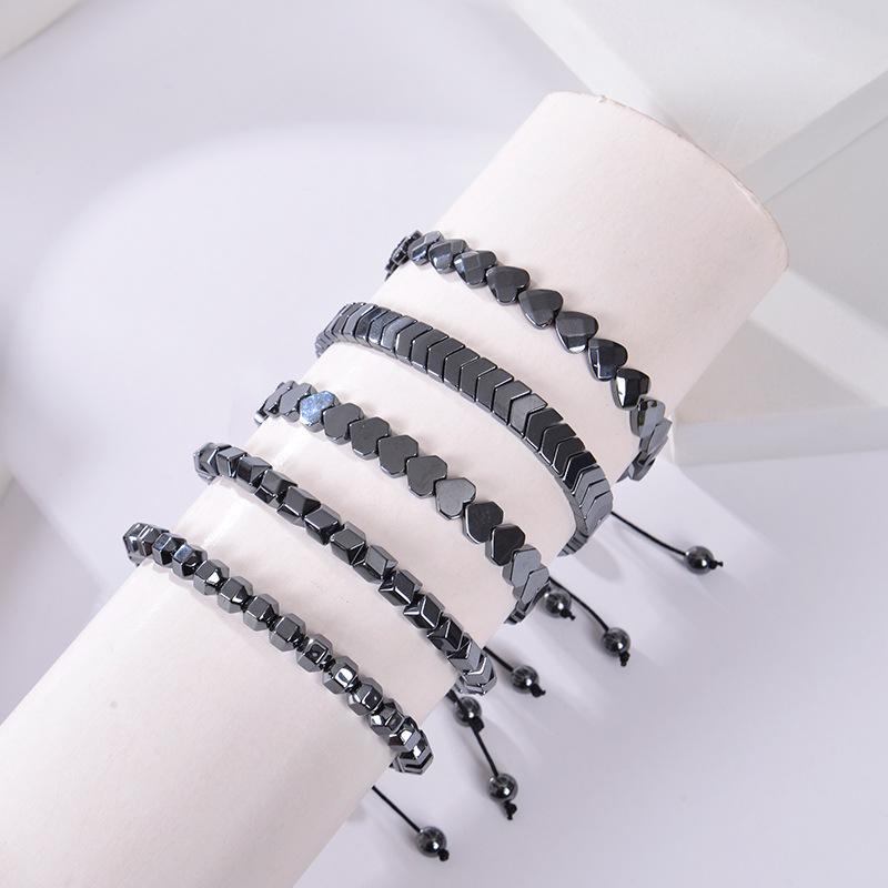 Heart-Shaped Black Magnetic Hematite Bracelet - Adjustable Woven Design