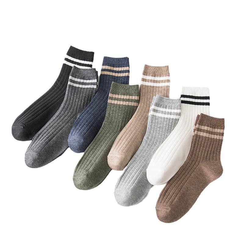 Men's Mid-calf Socks Spring and Autumn Two-bar Solid Color Cotton Socks Breathable Striped Men's Autumn and Winter Double-needle Long Calf Socks