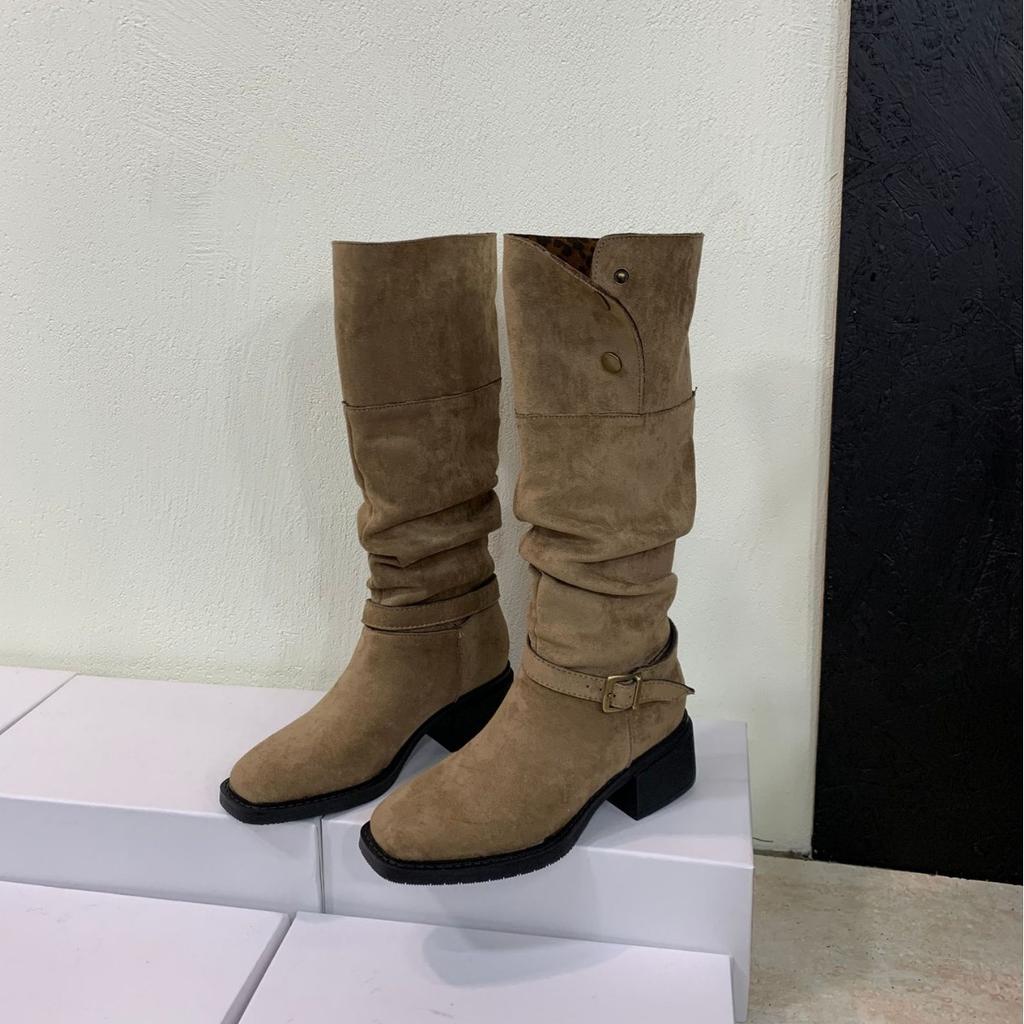 Coarse heel French retro square head western cowboy boots women's 2025 new tall stacking boots