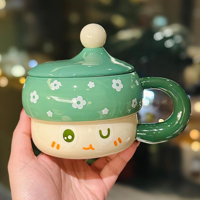Cute Creative Funny Expression Cup with Lid Spoon Niche Water Cup Ceramic Mug Gift for Friends Souvenir