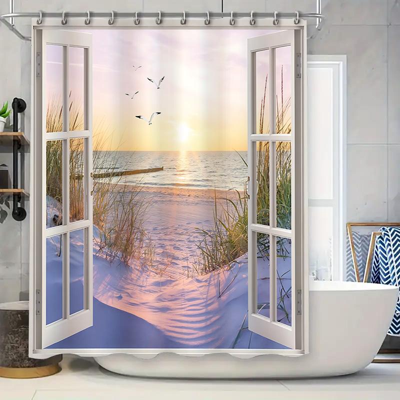 

Beach View Shower Curtain Open Window Design Seagulls Flying Over Sea Waterproof Fabric Decor Suitable For Wet And Dryseparation W60H190(CM)-1 Pcs