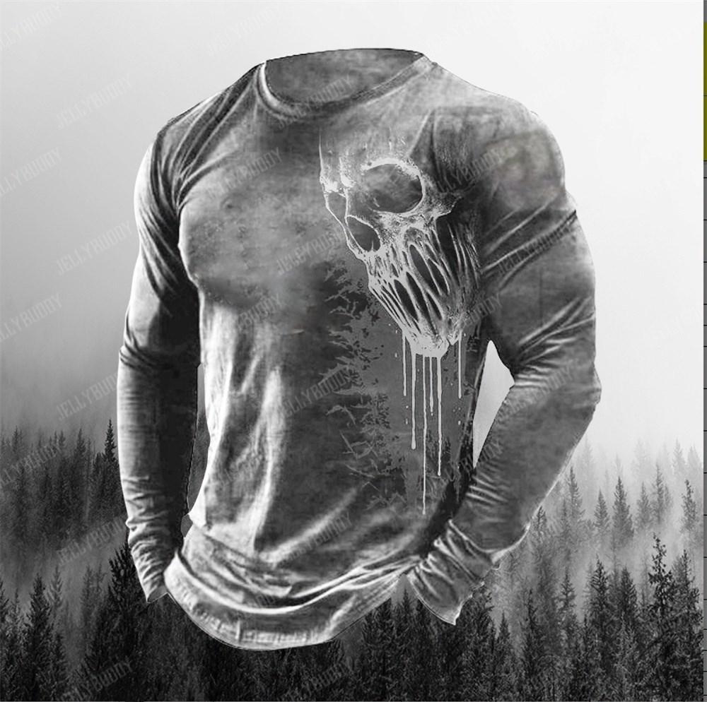 Vår Høst 3D-print Herre Rund Hals Langermet Street Trend Hip-hop Overdimensjonert Punk T-skjorte Genser Vintage Hodeskalle T-skjorte