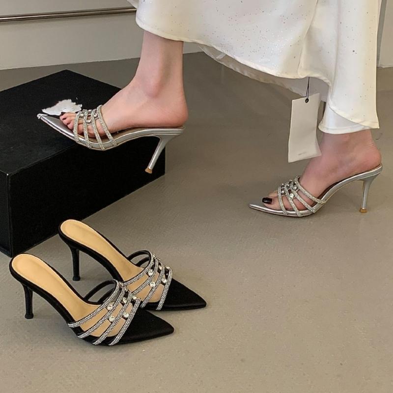 Summer Women's High-heeled Sandals With Rhinestones, Stiletto Heels, Pointed Toe, Open Toe Sandals