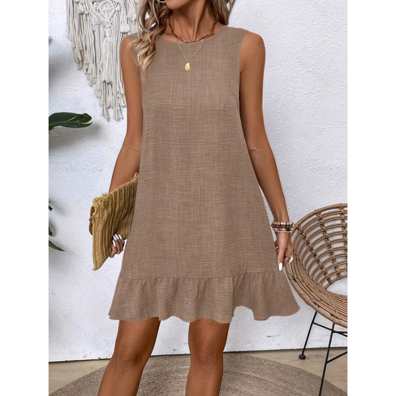 Vestito da Donna a Manica Corta Senza Maniche tinta unita con Scollo Rotondo, Allacciatura, Pieghe, Vestibilità Larga, Casual, Stile Quotidiano per il Lavoro, Vestito Estivo