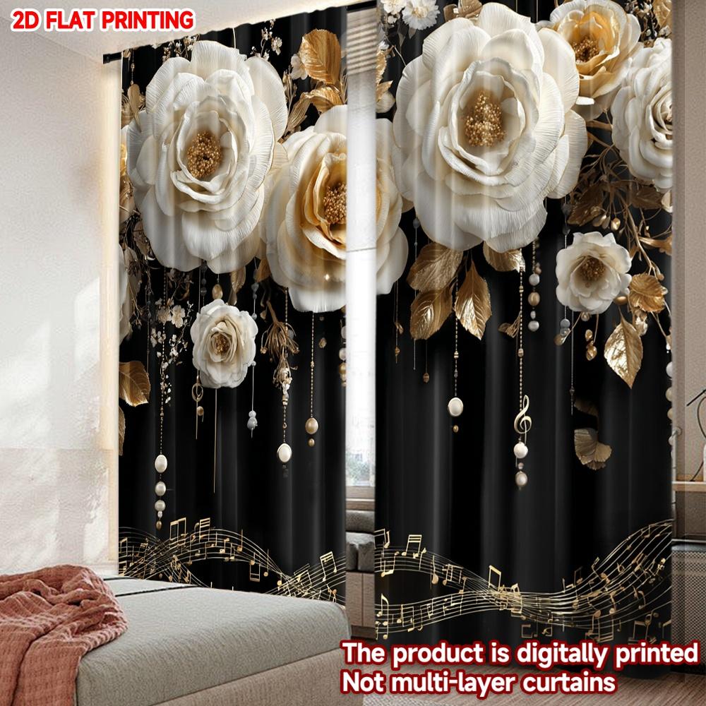 2D Flat Printing 2pcs Happy Valentine's Day Curtain White Rose with Notes Digital Printed Polyester Drapes Festive Holiday