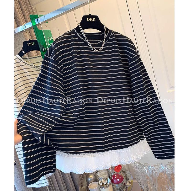 Korean-Style Striped Lace Trim Fake Two-Piece Long-Sleeve Women's T-Shirt