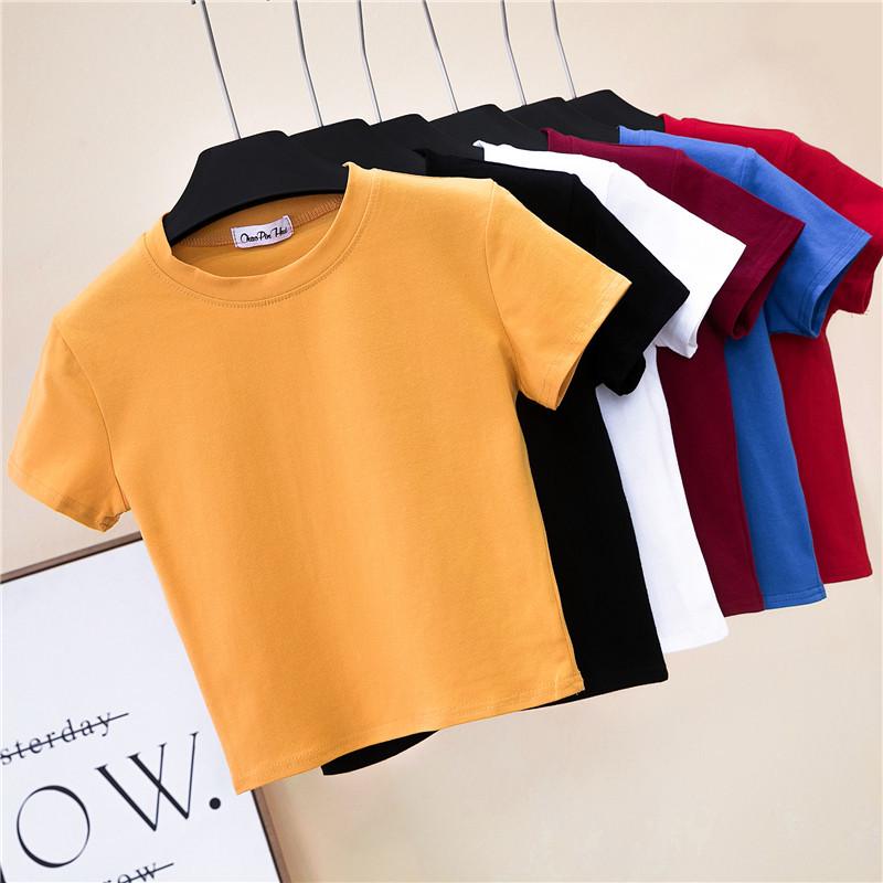 Women's High Neck Short Sleeve Crop Top - Summer Solid Color Sporty Belly Button Revealing Undershirt
