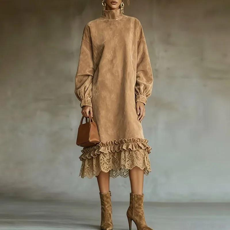 Damen Mock-Neck Langarm Midi-Kleid Wildleder-Gefühl Spitze Rüschensaum Locker Lässig Kleid Herbst Winter Vintage Damenkleid XL khaki
