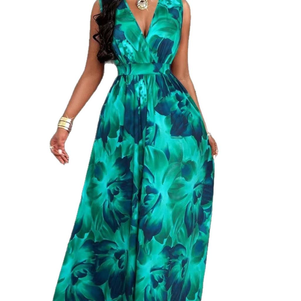 2026 new European and American women's clothing temperament elegant, fashionable and sexy 3D digital printing sleeveless V-neck dress