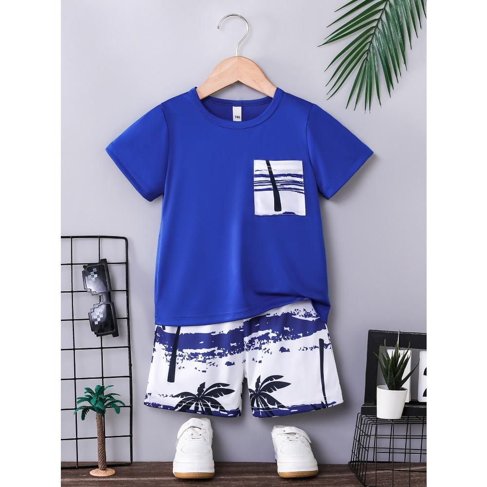 Boys 2-piece set with palm tree beach print short sleeves and shorts 150
