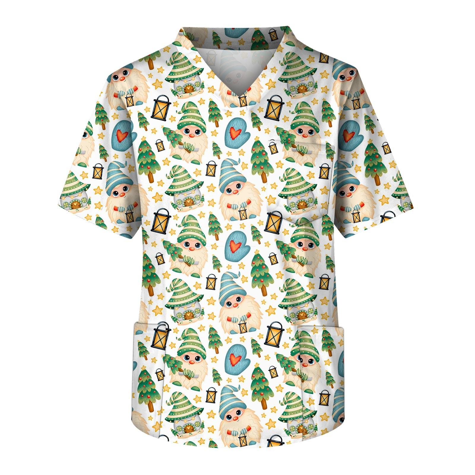 Мужской топ с короткими рукавами и V-образным вырезом с рождественским принтом и нагрудным карманом XXXL бежевый