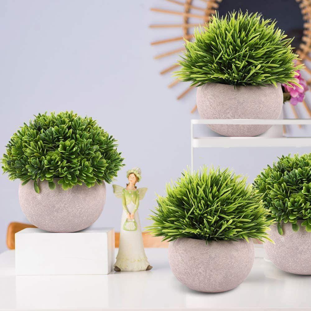4 Packs Artificial Potted Bathroom Fake Shelf Plant Office Table Decor Mini Green Faux Topiary Kitchen Cabinet Farmhouse Decorations (4 Plastic Pots)