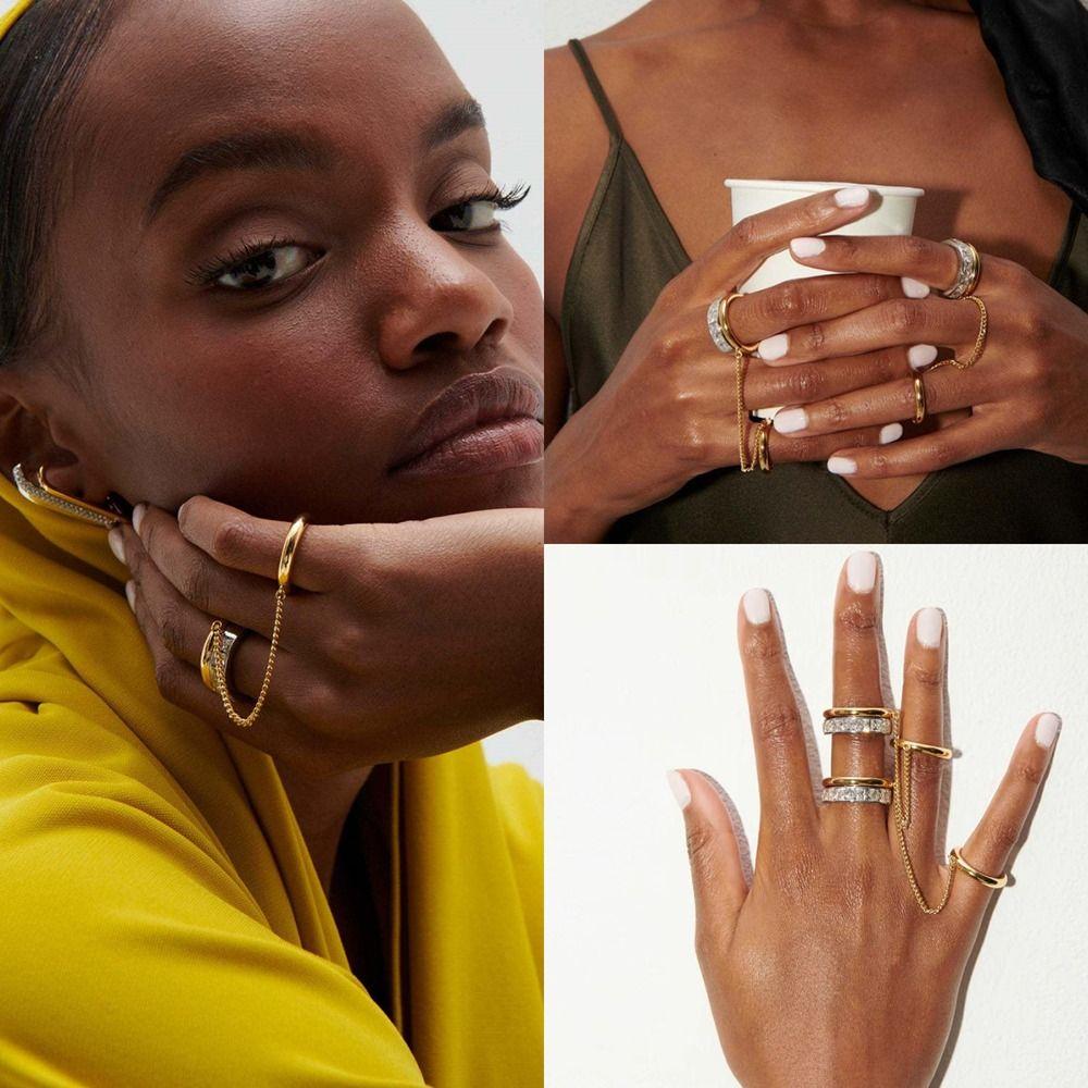 Trendy Punk Chain Ring 18K Gold Silver Elegant Tassel Metal Rings Zircon Stackable Finger Ring for Women