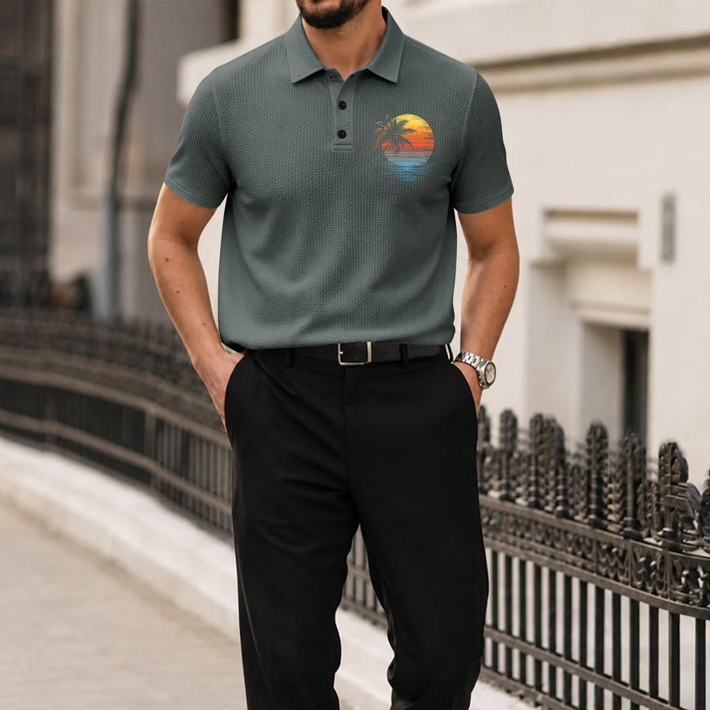Men Short Sleeve Polo Shirt with Turn Down Collar Ice Silk Material Casual Printed Design for Summer Comfort Wear