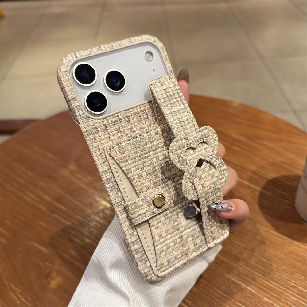 Elegant Stylish Heart Bow Wrist Strap Card Holder Phone Case for iPhone 17 Pro Max 16 15 14 13 Tweed Texture Protective Cover