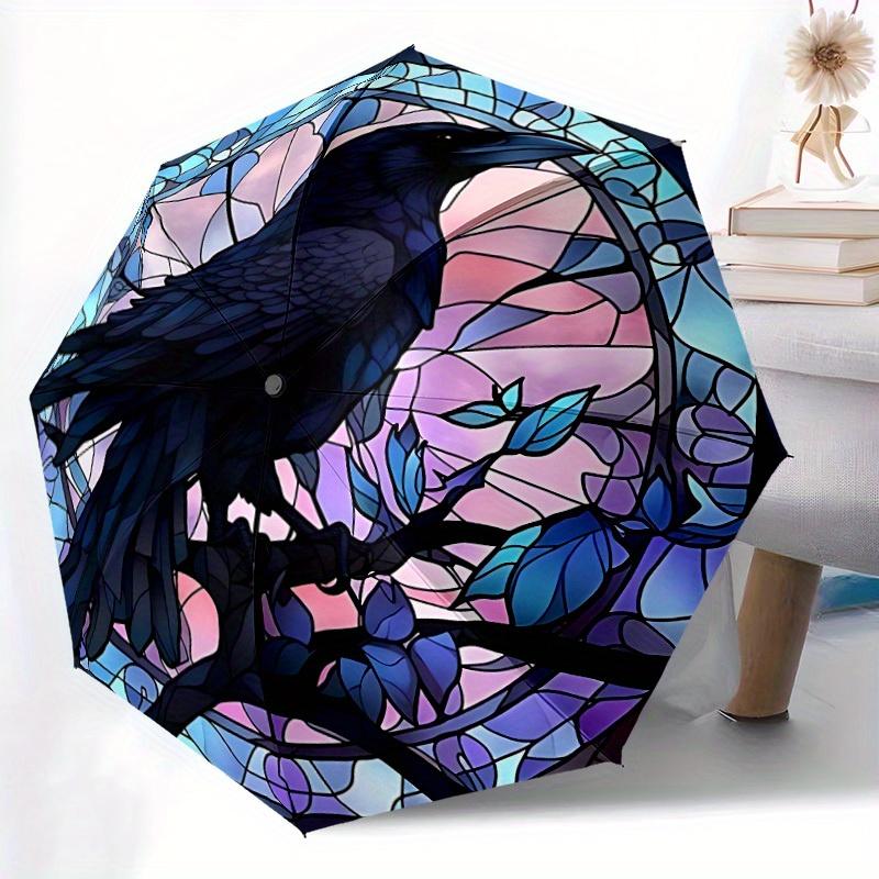 1pc Stained Raven Compact Travel Umbrella, Automatic Folding Lightweight Windproof 8-Bone Reinforced Design, Portable for Backpack Durable C