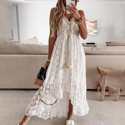Summer Women Lace Strapless Flared Maxi Dress Solid White Long Dress Sleeveless V-Neck Flowy Ruffle Bohemian Dresses