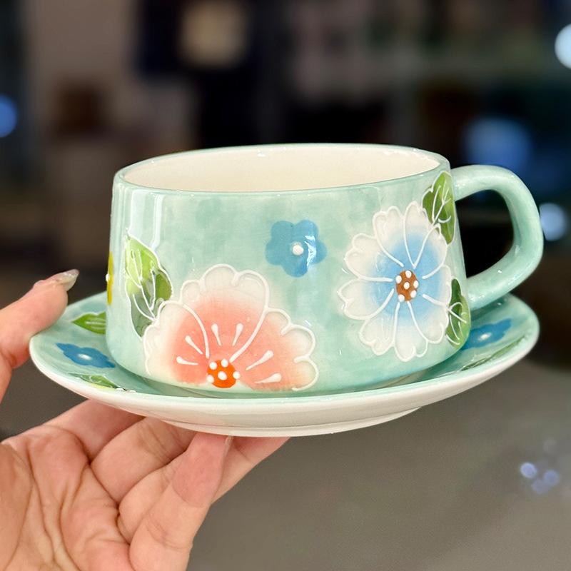 Girls High-Value Flower Mug Office Ceramic Coffee Cup Underglaze Color Afternoon Tea Coffee Cup Saucer Set