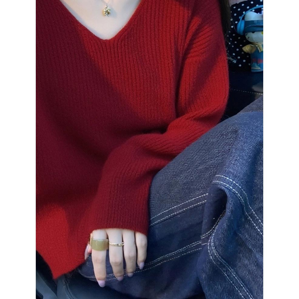 Korean Style Red V-Neck Halter Knit Sweater for Women - Autumn/Winter