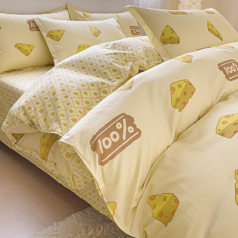 4pcs Cartoon Love Duvet Cover Set Simple Blue Plaid Bed Sheet Adults Kids Teenagers Bedding Comforter Cover with 2 Pillowcases