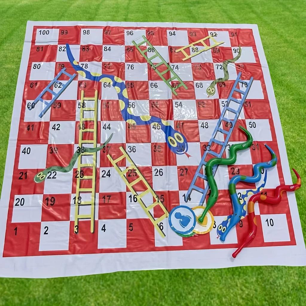Portable PVC Snake Ladder Chessboard Game Mat - Includes Inflatable Snakes & Dice Outdoor Travel Board Game for Family Fun