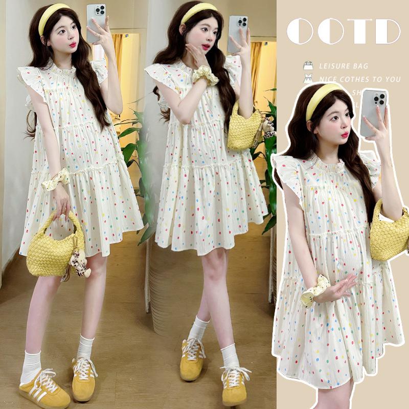 Summer Polka Dot Puff Sleeve Layered Pleated Dress for Petite Maternity 2XL