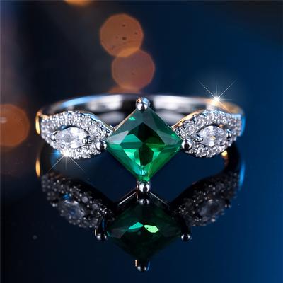 Princess Cut Square Green Zircon Rings for Women Silver Color Promise Engagement Rings Romantic Wedding Party Jewelry Gift