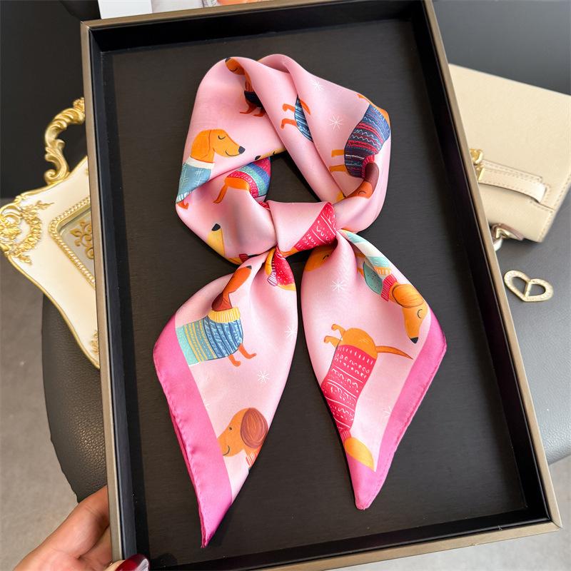Cute Dog Print Square Silk Scarf for Women Hijab Hair Bands Neckerchief Female Satin Shawl Ribbon Headband Fashion Wraps Bandana