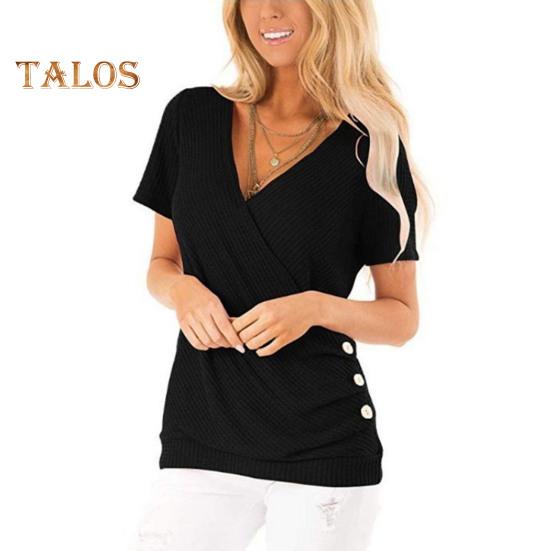 

Женские топы с коротким рукавом, V-образным вырезом, плиссированной кромкой, однотонная драпированная футболка с боковыми пуговицами, повседневная одежда S чёрный