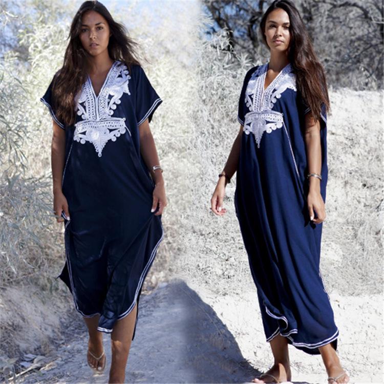Navy Blue Rayon Embroidered Loose-Fit Beach Dress - Plus Size Cover-Up