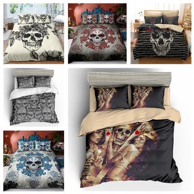 Beddengoed met 3D-schedelprint, eenpersoonsbed, groot formaat, retro doodskoppatroon, kussensloop en dekbedovertrek, comfortabele woondecoratie