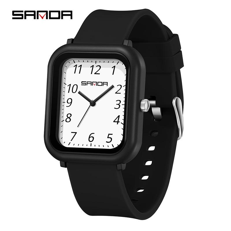 SANDA 50M Waterproof Square Quartz Watch with Quick Release Strap for Students and Civil Servants.