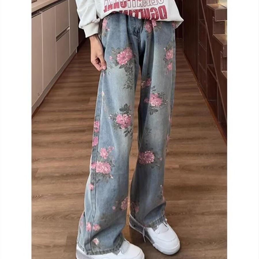 Full of Rose Jacquard Jeans Men's Autumn and Winter American High Street Pants Straight Slim-fitting Pants